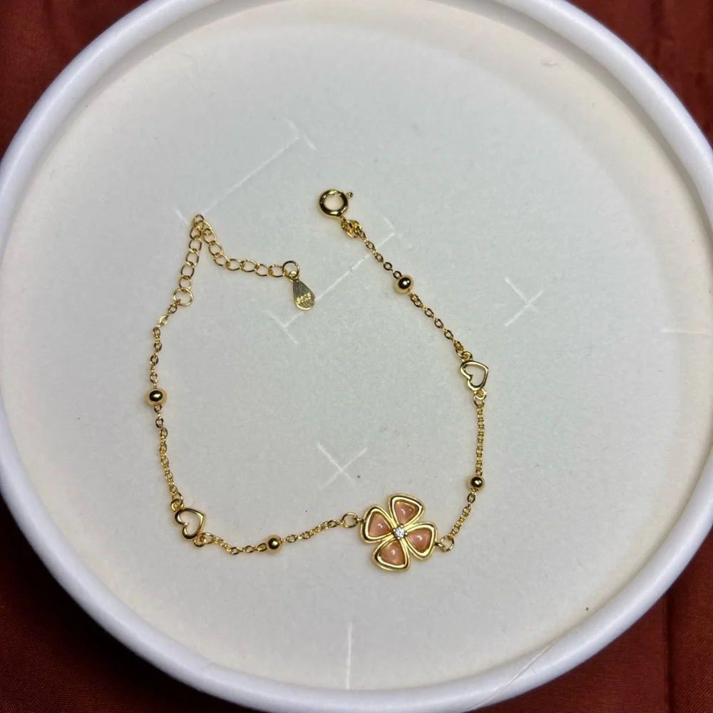 New Gold Plated Sterling Silver Four Leaf Clover Bracelet With Flower Box - Picture 3 of 9